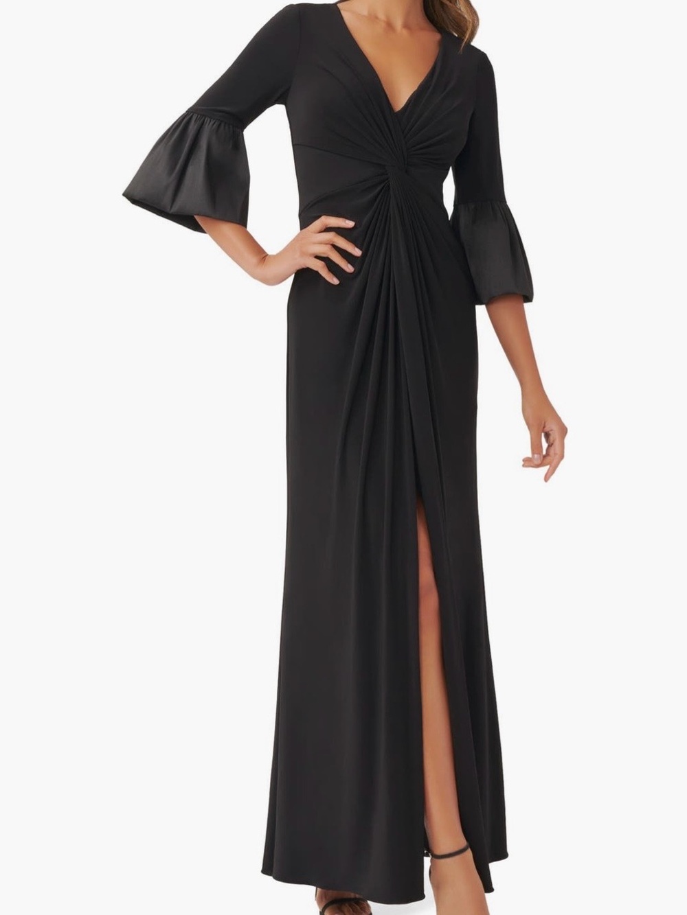 Adrianna Papell Black Twist-Front Maxi Dress with Bell Sleeves